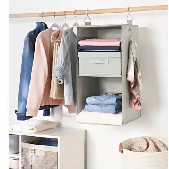 NEW Hanging Closet Storage Organizer – 3 Tiered Gray Hanging Shelf (*PRICE FIRM) - Picture 1 of 9